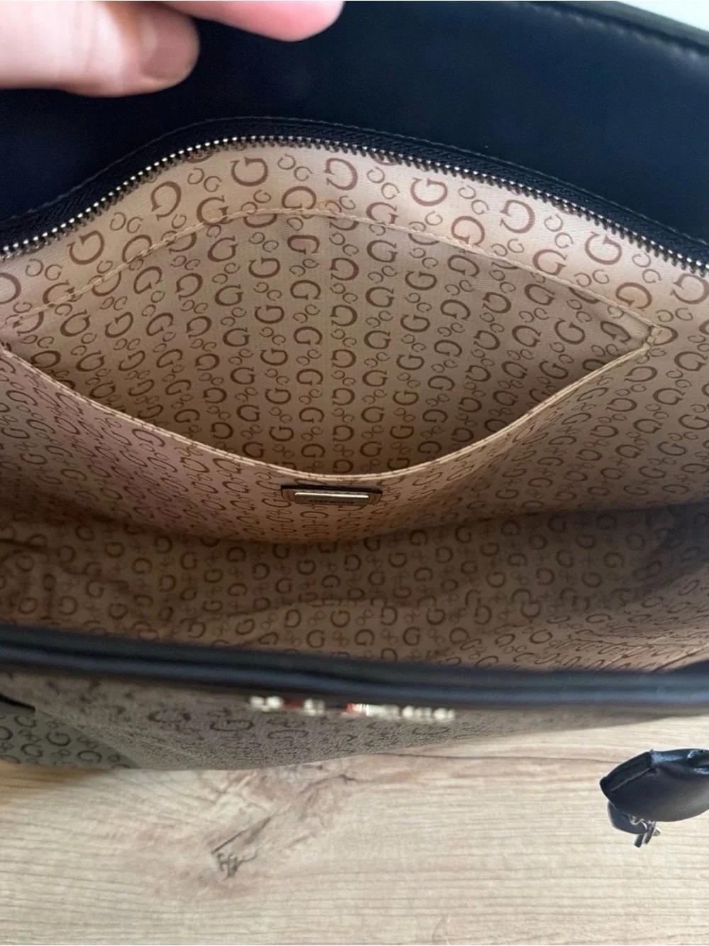 Guess Beige Monogram Tote with Black Trim